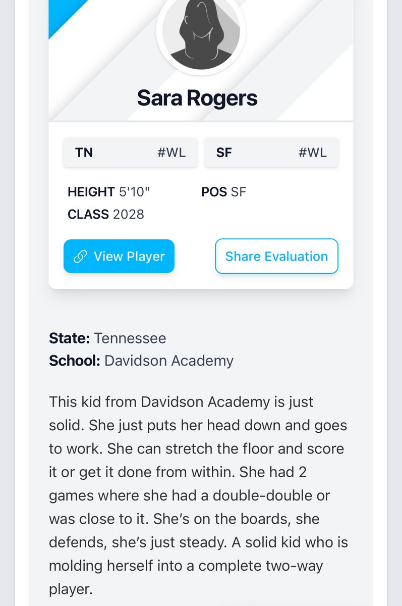Sara Rogers (@sara_rogers28) on Twitter photo I had a great time playing against tough competition this past weekend. I am excited to be a part of such a talented team. Thank you for the write up! <a href="/JWadeBoggs/">J.Wade</a> <a href="/TBWexposure/">Team Brandan Wright</a> <a href="/athletics_da/">DA Athletics</a> <a href="/DALadyBears/">Davidson Academy Girls Basketball</a> I had a great time playing against tough competition this past weekend. I am excited to be a part of such a talented team. Thank you for the write up! <a href="/JWadeBoggs/">J.Wade</a> <a href="/TBWexposure/">Team Brandan Wright</a> <a href="/athletics_da/">DA Athletics</a> <a href="/DALadyBears/">Davidson Academy Girls Basketball</a>