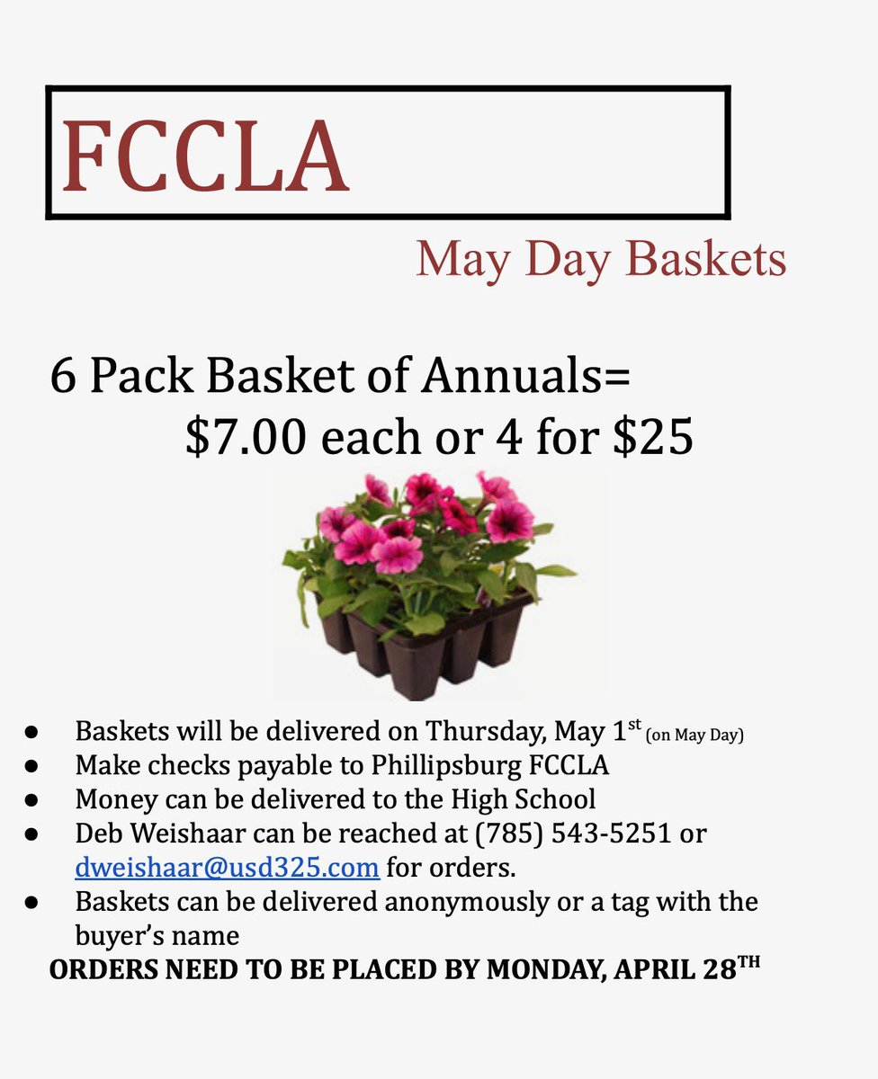 With a late Easter this year, May Day is a quick turn around!

It’s time to order your May Baskets now!  We will deliver for you on May 1. 

#ksfccla