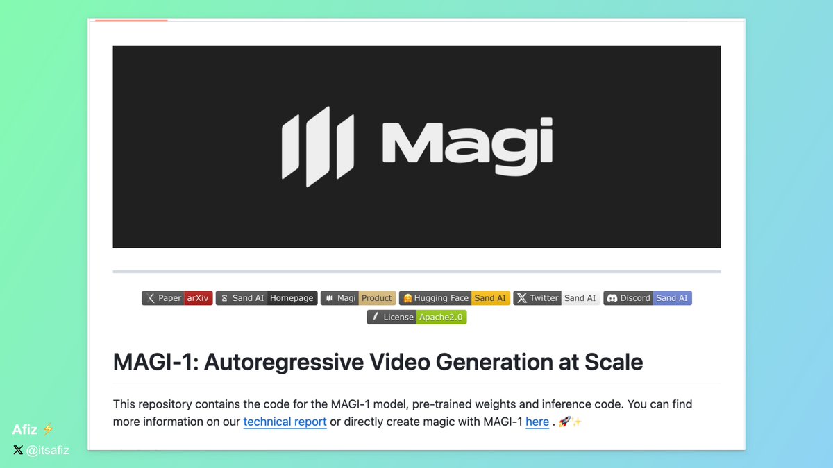 AI Model that generates videos by autoregressively!

Magi-1 — The first autoregressive diffusion model for stunning, full-length video generation by sand.ai

More details 👇🧵