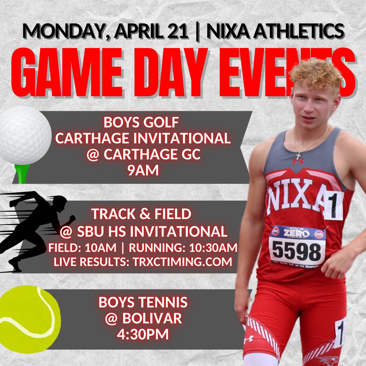 nixaathletics's tweet photo. 🦅 Eagle varsity events for Monday. Track and field with a big meet at the Southwest Baptist University Invitational starting at 10am.

⛳️ Boys Golf Carthage Invitational
📍 Location: Carthage GC
⏰ Time: 9am

🎽 Track at Southwest Baptist University Invitational
⏰ Times: Field 10am | Running: 10:30am
🔗 Live Results: https://t.co/5cpbu3QR62

🎾 Boys Tennis at Bolivar
⏰ Time: 4:30pm