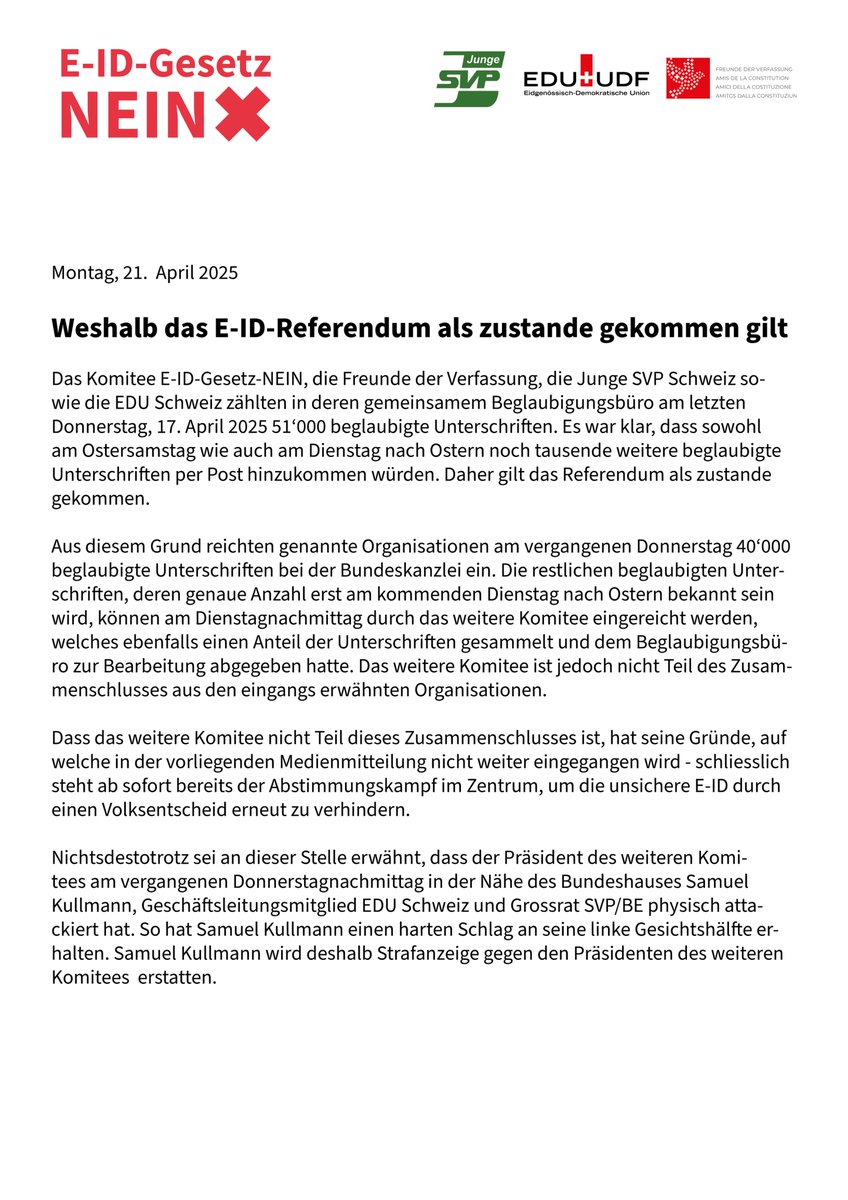 E-ID-Gesetz-NEIN (@e_id_gesetznein) on Twitter photo Offizielles Statement des Komitee E-ID-Gesetz-NEIN und seinen Partnerorganisationen zum Zustandekommen des Referendums. #eIDgesetzNEIN <a href="/FdVerfassung/">Freunde der Verfassung</a> <a href="/jungesvp/">Junge SVP Schweiz</a> <a href="/EDUSchweiz/">EDU Schweiz</a> Offizielles Statement des Komitee E-ID-Gesetz-NEIN und seinen Partnerorganisationen zum Zustandekommen des Referendums. #eIDgesetzNEIN <a href="/FdVerfassung/">Freunde der Verfassung</a> <a href="/jungesvp/">Junge SVP Schweiz</a> <a href="/EDUSchweiz/">EDU Schweiz</a>
