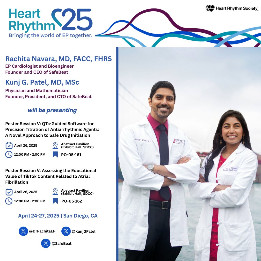 Rachita Navara, MD FACC FHRS (@drrachitaep) on Twitter photo Thrilled to present 2 abstracts at #HRS2025 in San Diego (Apr 24–27)! Our <a href="/SafeBeat/">SafeBeat Rx</a> research covers QTc-guided drug initiation & the quality of social media #AFib education. Can’t wait to connect & help shape the future of arrhythmia care!🫀 Thrilled to present 2 abstracts at #HRS2025 in San Diego (Apr 24–27)! Our <a href="/SafeBeat/">SafeBeat Rx</a> research covers QTc-guided drug initiation & the quality of social media #AFib education. Can’t wait to connect & help shape the future of arrhythmia care!🫀