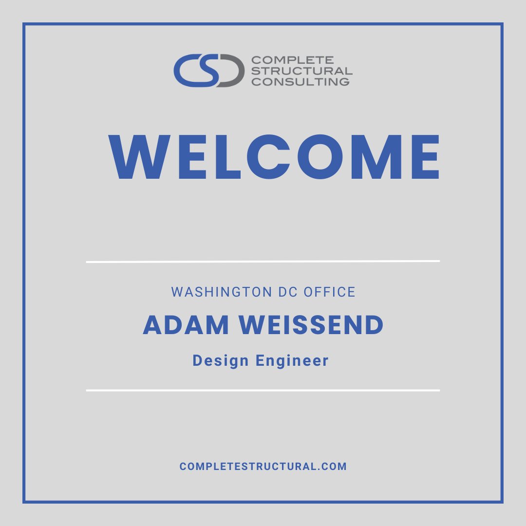 CompStructural's tweet image. We&apos;re excited to welcome Adam Weissend to our DC office. Adam graduated from Penn State with a degree in Civil Engineering, focusing on structures. We are thrilled about the skills and knowledge he brings with him.

Join us in welcoming Adam to the CSC team!