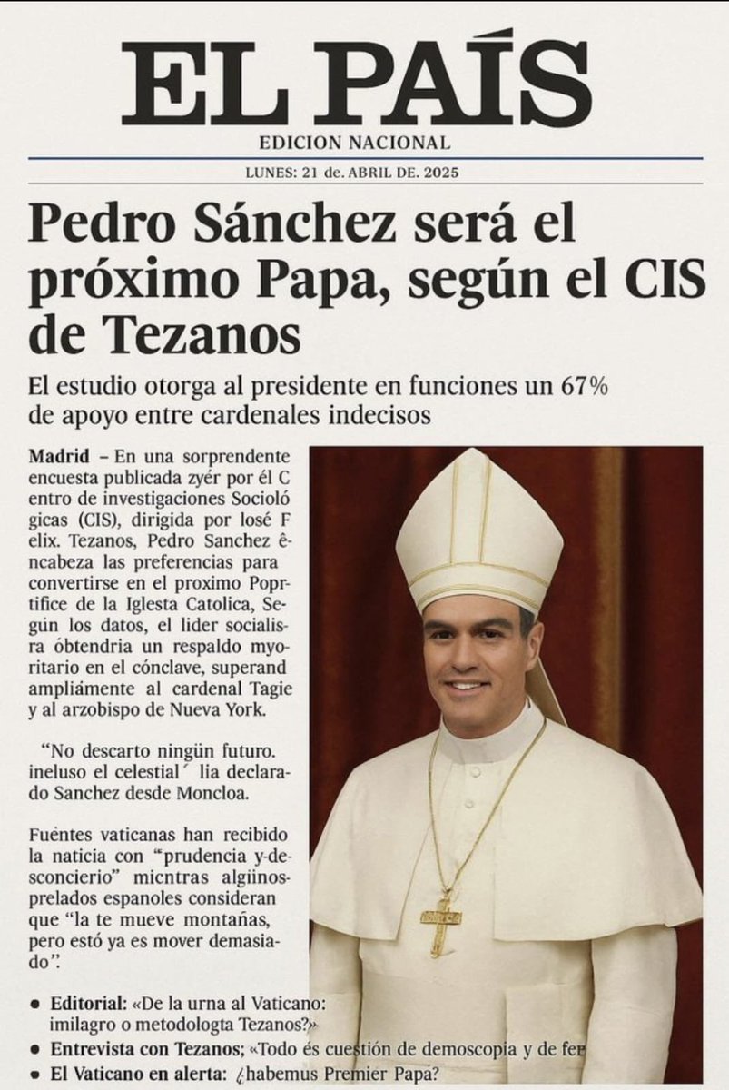 <a href="/Cidpedrosanchez/">El Cid Sánchez</a> El mejor candidato a Papa según el CIS y lo pais.
