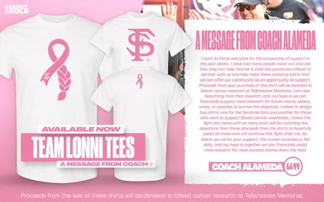 I am so thankful for the love and support I have recieved throughout this journey. Thank you Garnet &amp; Gold for helping create these special Team Lonni Tee’s, and all proceeds will go towards breast cancer research at Tallahassee Memorial.💗  

garnetandgold.com/search?type=pr…