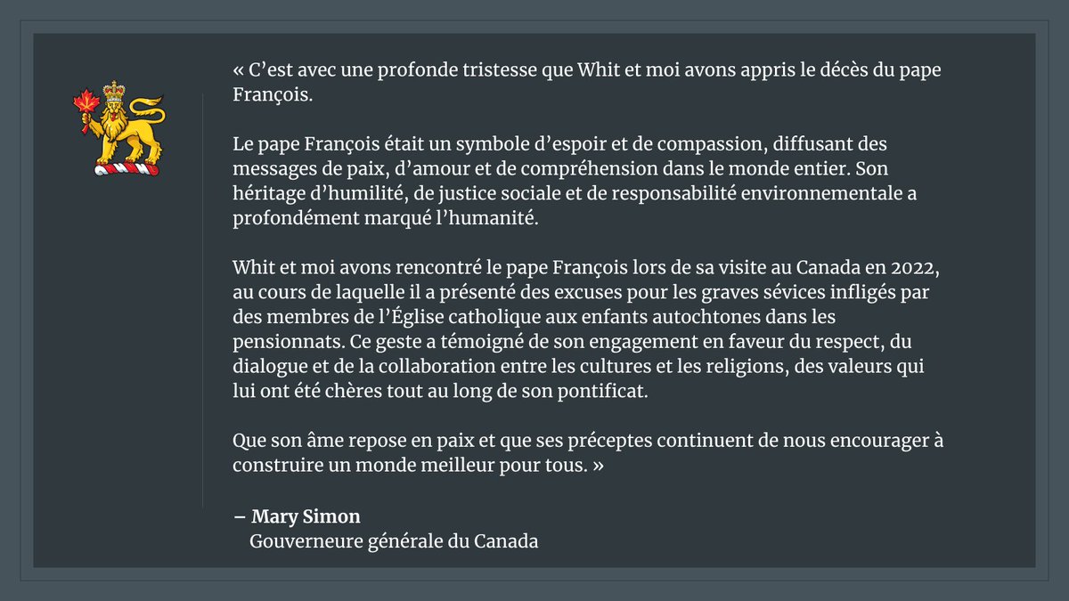 Message de la #GGSimon à la suite du décès de Sa Sainteté le pape François: gg.ca/fr/media/nouve…