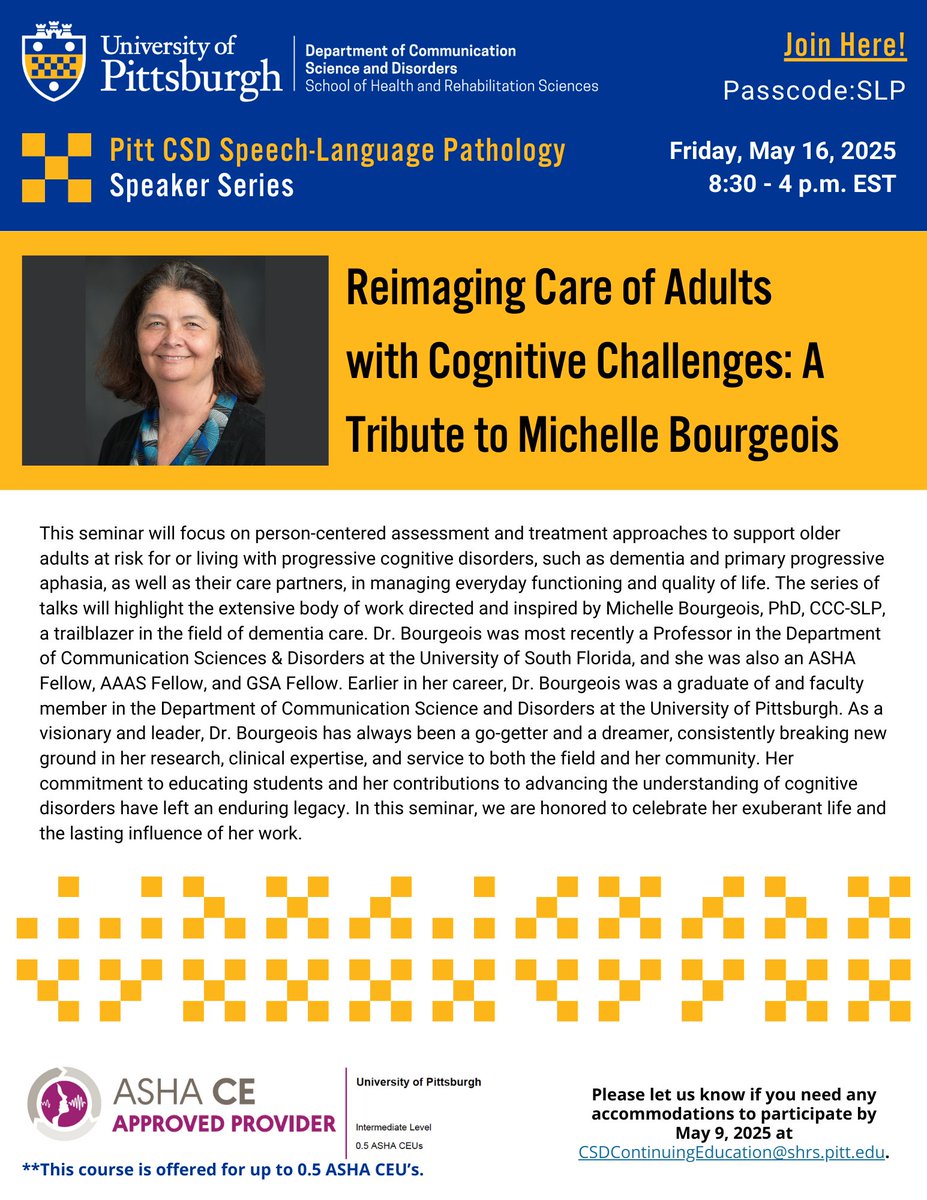 Please join us for an #PittCSD SLP Speaker Series on Friday, May 16th at 8:30AM EST via Zoom! #PittSHRS

pitt.zoom.us/j/99880873876

Passcode: SLP