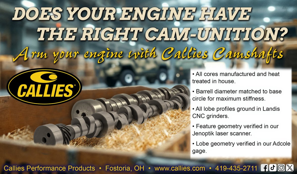 Locked, loaded, and ready to rev! Make sure your engine’s got the right cam-unition to win the war on horsepower. #calliesperformance #madeintheusa
