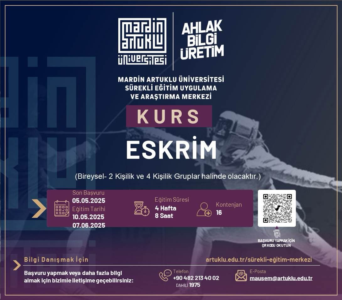 Sürekli Eğitim Uygulama ve Araştırma Merkezimizde  Eskrim Kursu başlıyor.
<a href="/ibrahimozcosar/">ibrahim özcoşar</a>
<a href="/mardinartuklu/">Mardin Artuklu Üniversitesi</a>
<a href="/DiriozMustafa/">Mustafa Diriöz</a>
<a href="/gundogdu_dogu/">Serhat doğu gündoğdu</a>