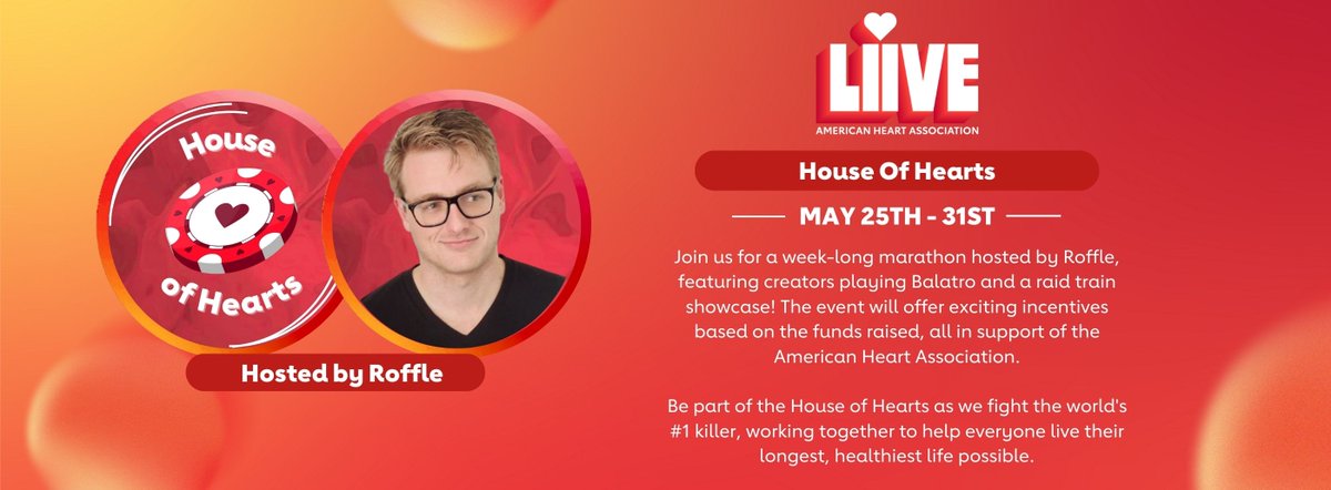 RoffleHS's tweet image. Hey folks!
May 25th-31st I’m working with the American Heart Association on a Balatro charity event that will feature a variety of creators playing Balatro to raise funds for a good cause.
If you’re a creator interested in participating and want to learn more, my DMs are open!