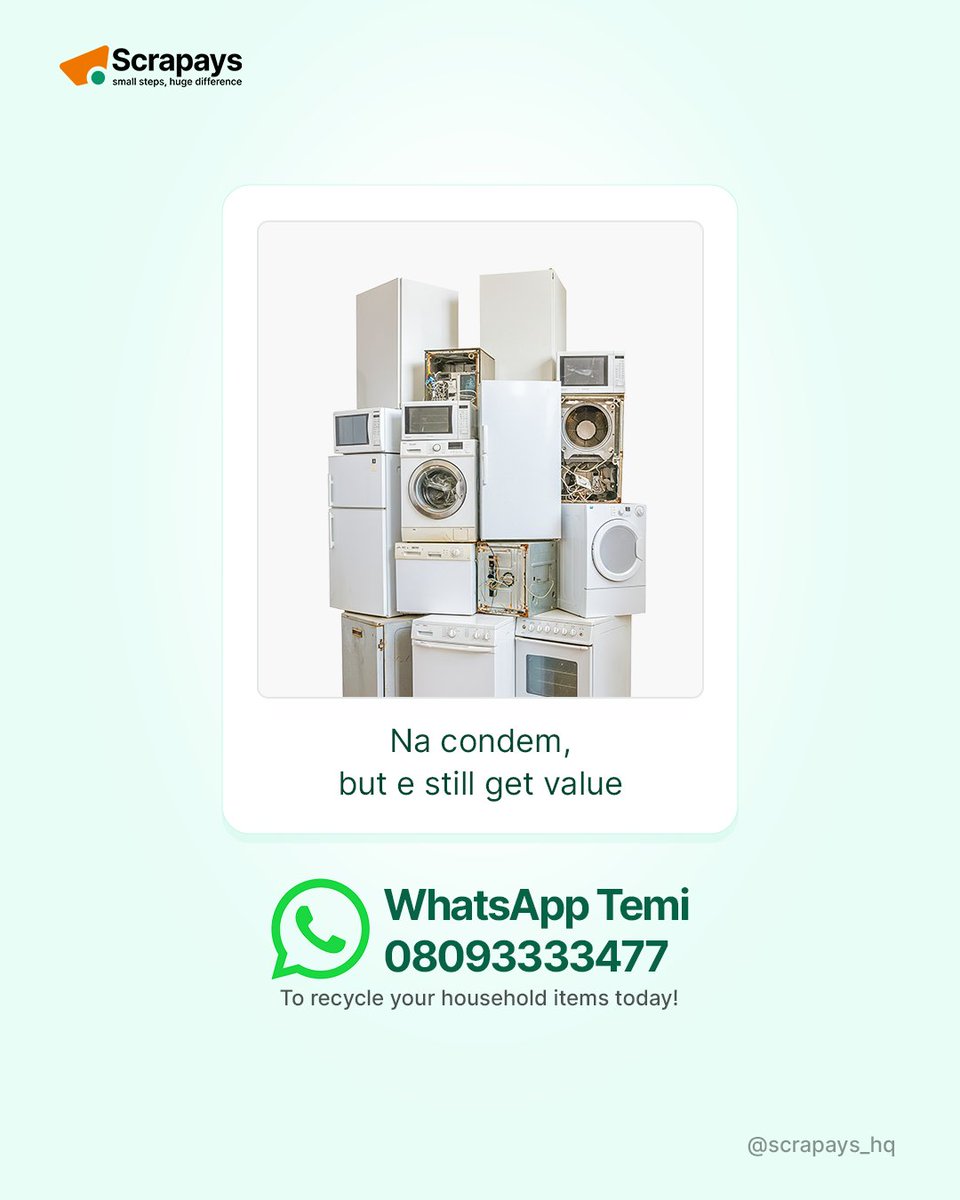 Do you have damaged fridges, freezers, generators &amp; more?

WhatsApp Temi - 0809333477 to recycle your household items today!

#Scrapays #WasteToWealth