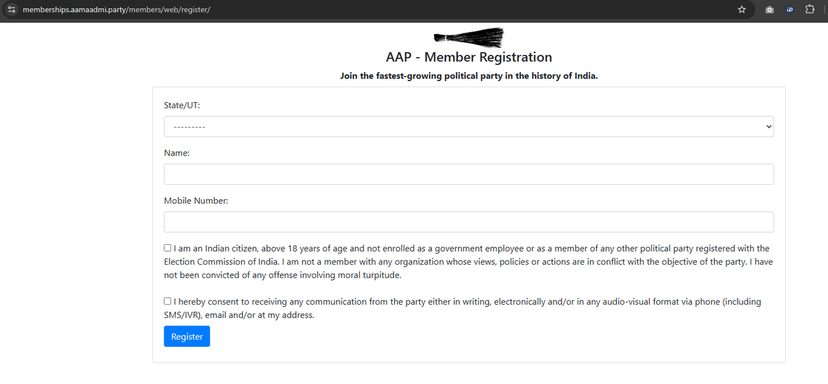 chanderiya's tweet photo. @AamAadmiParty 
This website asking to become meber.
Is this legal website?
https://t.co/XOYrnHltgU https://t.co/IHMGFF9yXn