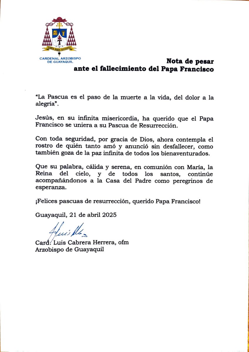 🕯️ La Iglesia de Guayaquil se une en oración por el alma de nuestro querido Papa Francisco, quien deja un legado lleno de esperanza y servicio. 

Recemos juntos por el eterno descanso de su alma y que brille para nuestro Pontífice la luz perpetua ✝️🕯

#PapaFrancisco #Vaticano