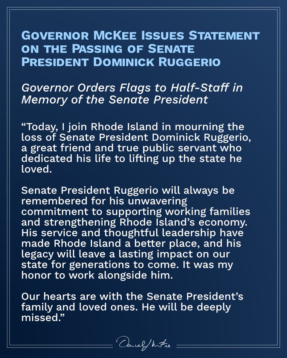A sad day for Rhode Island as we mourn the loss of a great man and true public servant in Senate President Dominick Ruggerio.