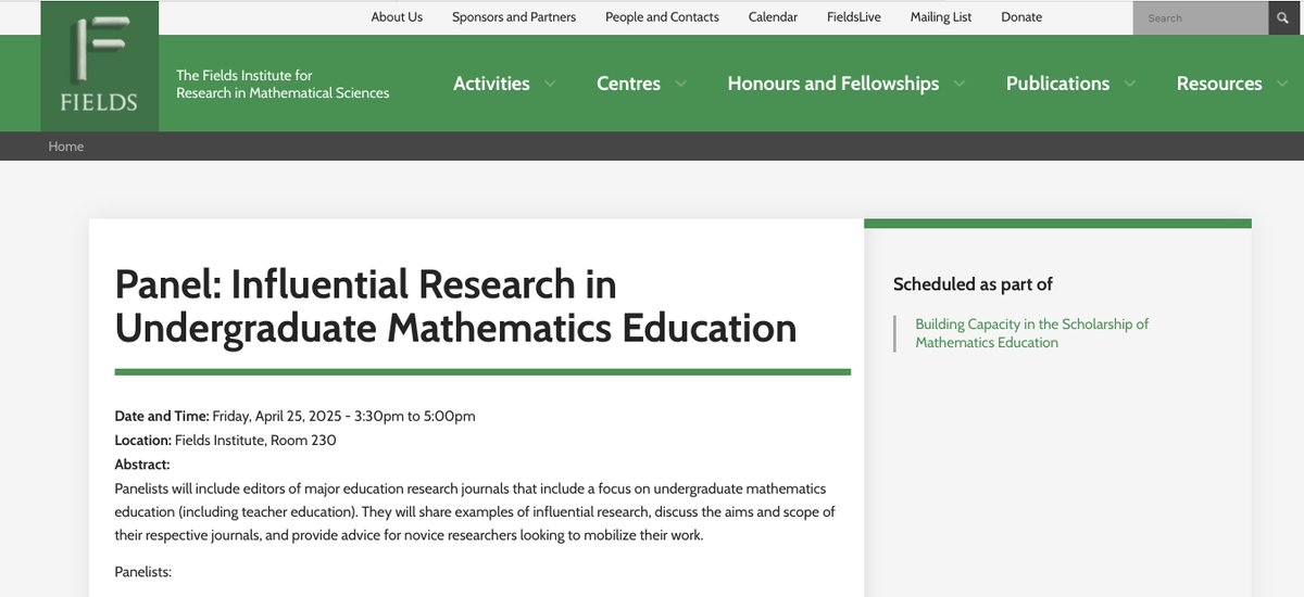 Panel: Influential Research in Undergraduate Mathematics Education

Panelists will include editors of major education research journals that include a focus on undergraduate mathematics education (including teacher education). [...]

Cc <a href="/FieldsInstitute/">The Fields Institute</a> 

fields.utoronto.ca/talks/Panel-In…