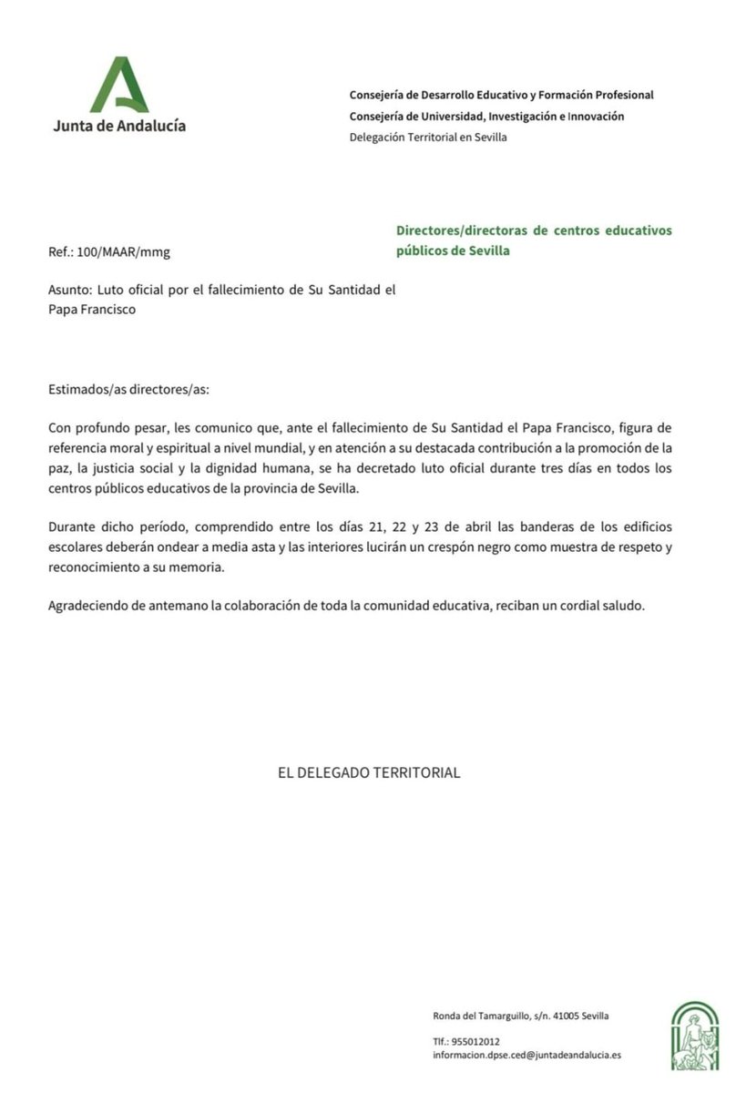 Desde USTEA no entendemos que se declare luto oficial por el fallecimiento de un jefe de Estado extranjero.

La ideología ultra católica del PP no tiene cabida en la Educación Pública y Laica. 
Estamos en un país aconfesional desde 1978
<a href="/usteasevilla/">USTEA Educación Sevilla</a>