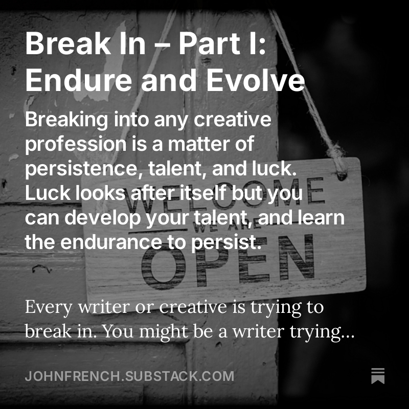 Some thoughts on what can be the most difficult and draining part of any creative industry - breaking into it in the first place... 
johnfrench.substack.com/p/break-in-par…

#writing #writingadvice #creativity