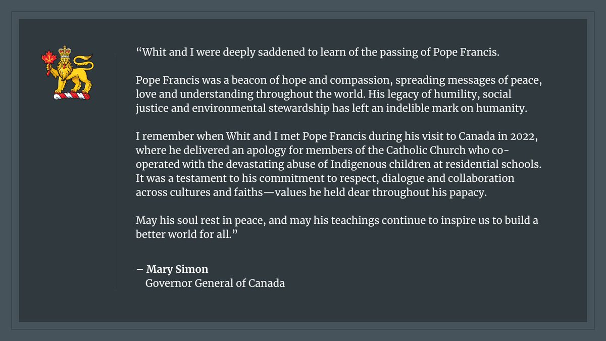 Message from #GGSimon following the passing of His Holiness Pope Francis: gg.ca/en/media/news/…