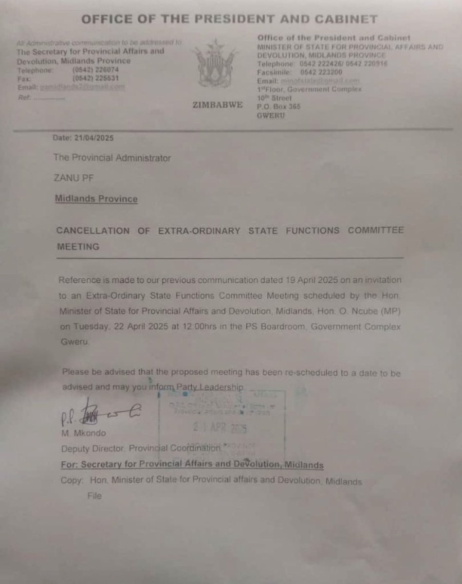 Government meetings are being cancelled and rescheduled for later dates following the announcement of an indefinite stay away by war veterans leader and former Member of Parliament, Blessed “Bombshell” Geza, this morning.

Geza has become the face of resistance against
