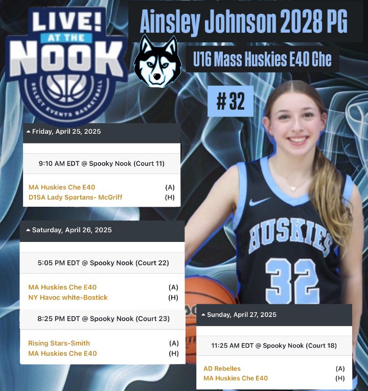 Ainsley Johnson (@ainsleyj2028) on Twitter photo Here is my schedule for Live! At the Nook! Looking forward to competing! <a href="/MAHuskies/">MA_Huskies</a> <a href="/SelectEventsBB/">Select Events Basketball</a> Here is my schedule for Live! At the Nook! Looking forward to competing! <a href="/MAHuskies/">MA_Huskies</a> <a href="/SelectEventsBB/">Select Events Basketball</a>