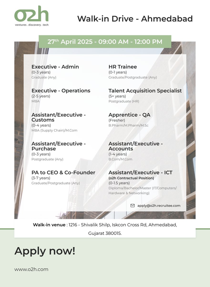 𝐖𝐚𝐥𝐤-𝐈𝐧 𝐃𝐫𝐢𝐯𝐞 𝐨𝐧 𝟐𝟕𝐭𝐡 𝐀𝐩𝐫𝐢𝐥, 𝐒𝐮𝐧𝐝𝐚𝐲

We are conducting walk-in interview in #Ahmedabad. Please refer to the creative for specific venue details, date, and timings.
