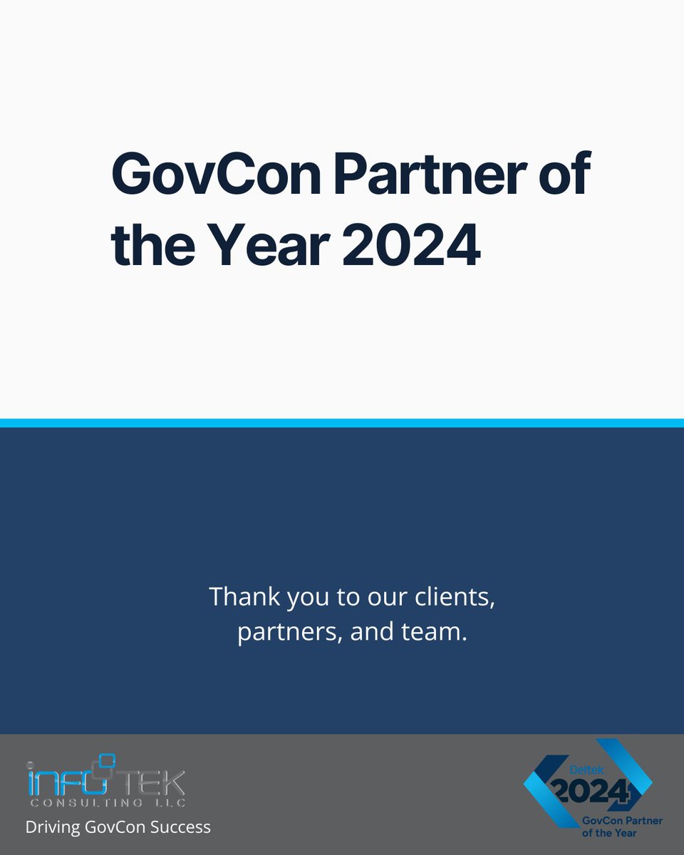 Strong partnerships drive GovCon success.

We’re here to help organizations simplify compliance, streamline ERP, and navigate the evolving GovCon landscape—because behind every project, there’s a team making it happen.

#GovCon #InfotekConsulting #GovConIT #ERP #Deltek