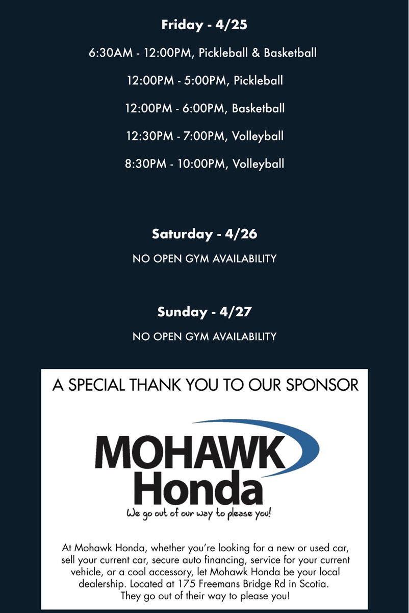 Happy Monday! ⛅️ Here’s this week’s Open Gym availability for April 21–27. Let’s make it a great one!

A big thank you to our sponsor, Mohawk Honda, for their continued support.🙌

#OpenGym #MondayMotivation #WeeklySchedule #ImpactAthleticCenter #HalfmoonNY #SponsorShoutout