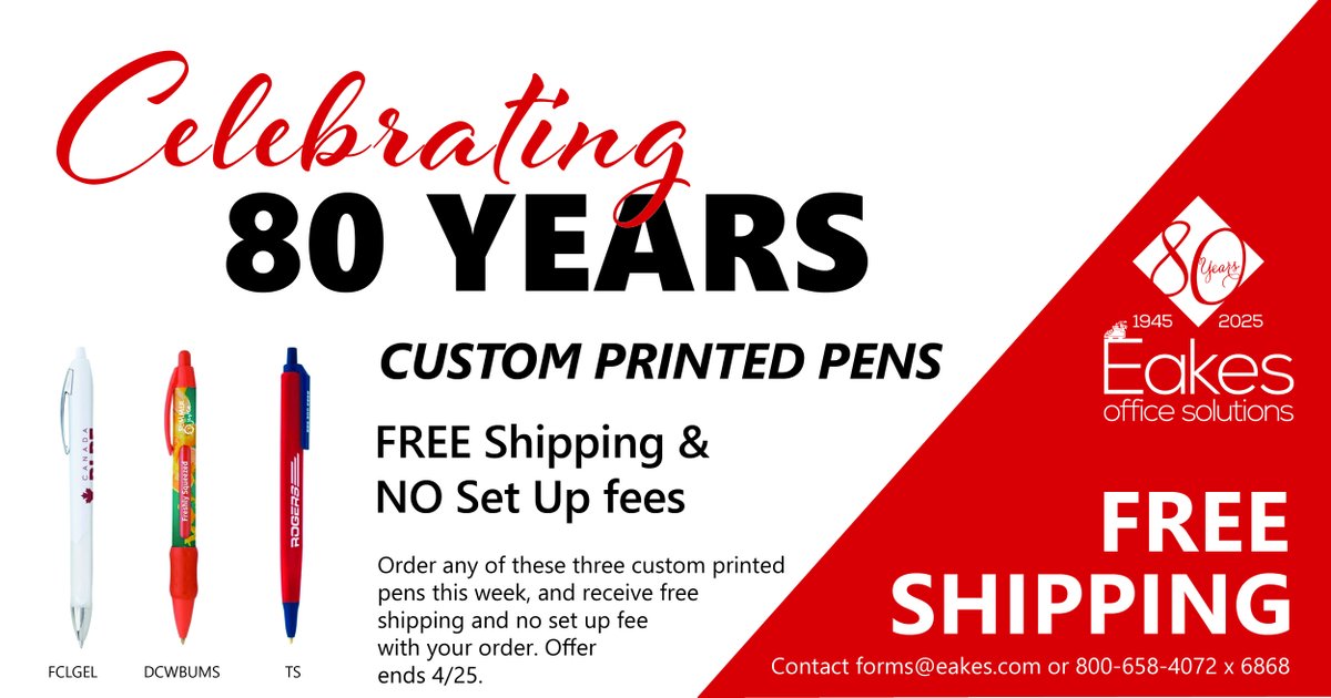 🎉 Looking for the perfect promotional item? Order any of our 3 custom printed pens today and enjoy FREE shipping and no setup fees! 🖊️✨ Contact us 👉 hubs.ly/Q03j2PJ80 #ImprintedProducts #ThinkEakes #80YearsStrong