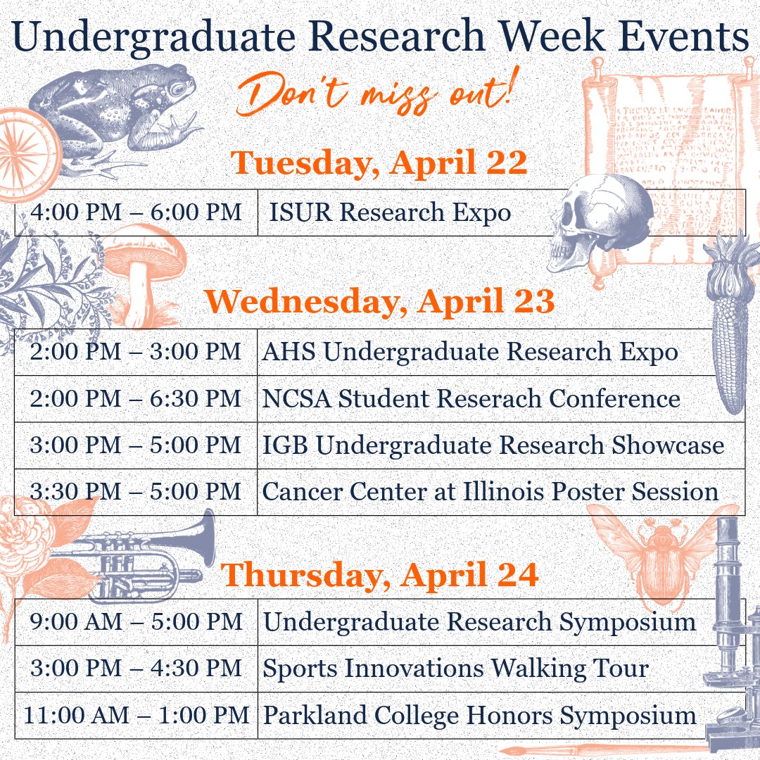 🗓️ Look forward to these exciting events highlighting Undergraduate Research at Illinois from all disciplines, and stay tuned for even more next week!

⭐ For more information, view our program at go.illinois.edu/URWProgram

#URS2025 #UndergraduateResearchWeek2025