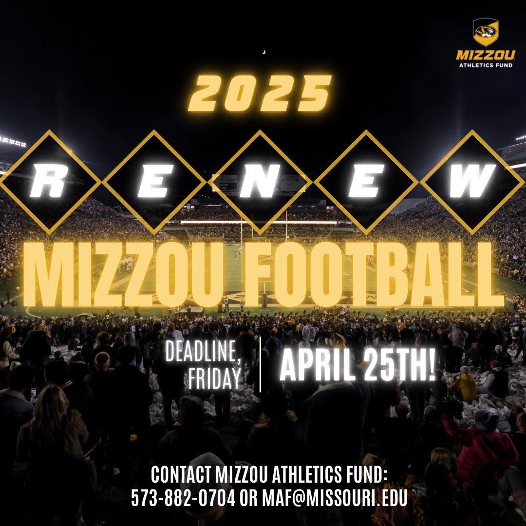 Mizzou Athletics Fund (@mizzoumaf) on Twitter photo 🚨TIGER FANS🚨
The deadline to renew your football season tickets is THIS FRIDAY April 25th! Renew this week and lock in your tickets for another exciting year at Faurot Field!
🔗: am.ticketmaster.com/mizzou/
📞: 573.882.0704
📧: MAF@missouri.edu 🚨TIGER FANS🚨
The deadline to renew your football season tickets is THIS FRIDAY April 25th! Renew this week and lock in your tickets for another exciting year at Faurot Field!
🔗: am.ticketmaster.com/mizzou/
📞: 573.882.0704
📧: MAF@missouri.edu