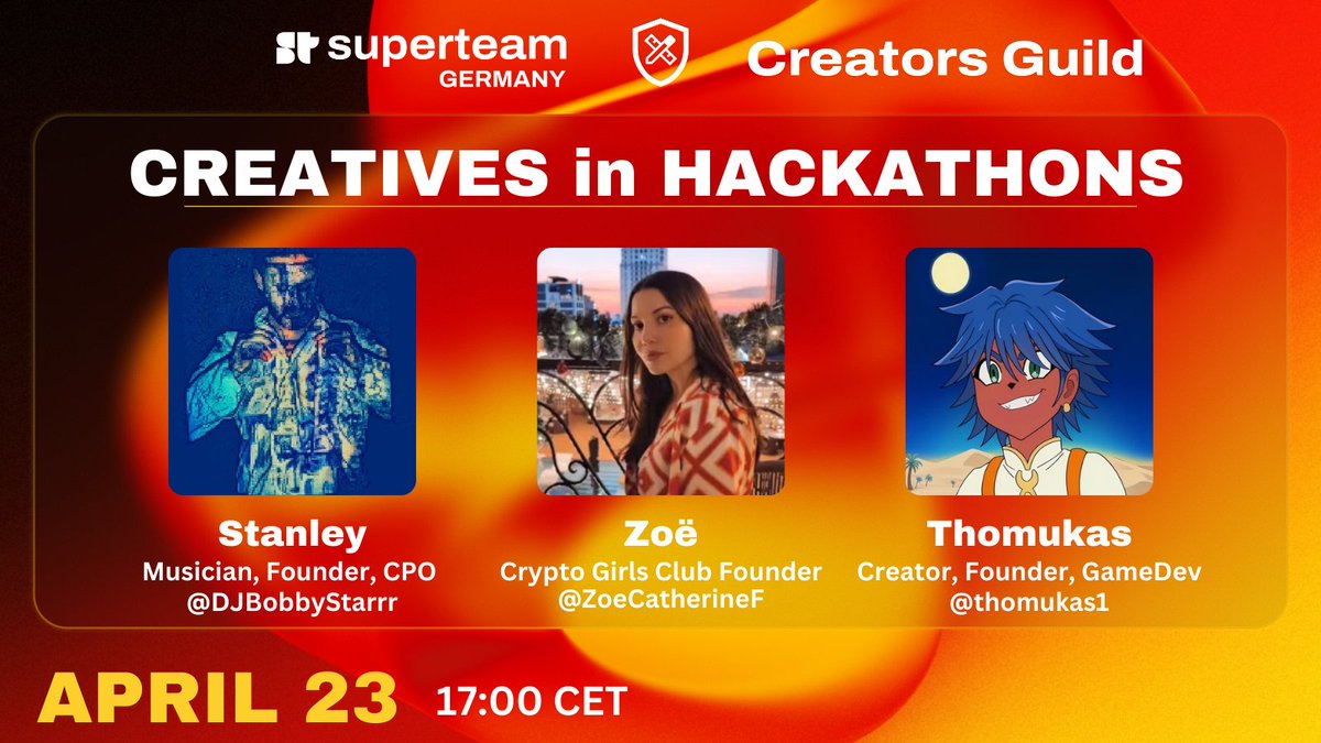 CREATORS GUILD: BREAKOUT!

Join our memberss to discuss the ins &amp; outs of being a creative in a Solana Global Hackathon.

🎙️ Speakers:
<a href="/thomukas1/">Thomukas1🔺</a> from <a href="/RubiansVR/">Rubians🔺</a> &amp; <a href="/BigDiggas/">BIGDIGGAS.FUN | $DIGGA mines arc</a>
<a href="/ZoeCatherineF/">Zoë</a> from <a href="/CryptoGirlsClub/">Crypto Girls Club</a>
<a href="/DJBobbyStarrr/">R.M. Stanley eSQL</a> from <a href="/UnifyGiving/">Unify Giving</a>
<a href="/TARartRAT/">TARartRAT | CREATORS GUILD Lead | DRiP artist</a> from <a href="/SuperteamDE/">Superteam Germany</a>

⏰