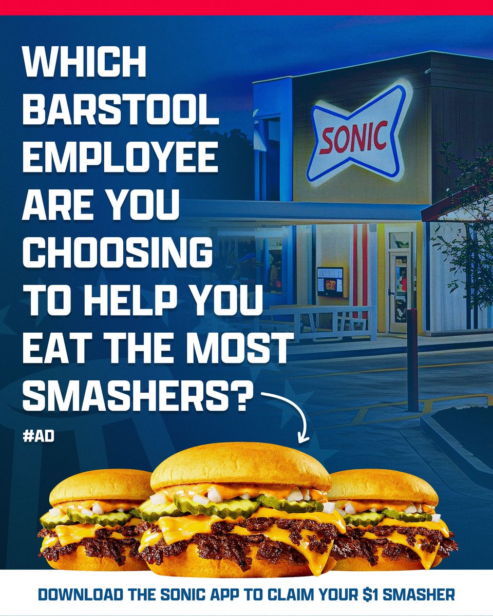 Which Barstool Employee are you choosing to help you eat the most Smashers? <a href="/sonicdrivein/">Sonic Drive-In</a> 

Celebrate $1 Smasher week at Sonic starting today