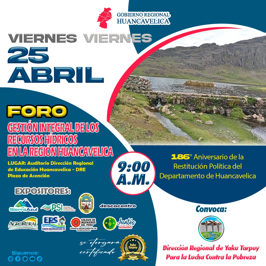 🌄 ¡Huancavelica cumple 186 años!
 Y lo celebramos reflexionando sobre lo más vital: el agua 💧
 Te esperamos en el Foro Regional de Gestión del Agua
 🗓️ 25 de abril – 🕘 9 a.m. – 📍 DRE Huancavelica
 #Huancavelica186 #ForoDelAgua