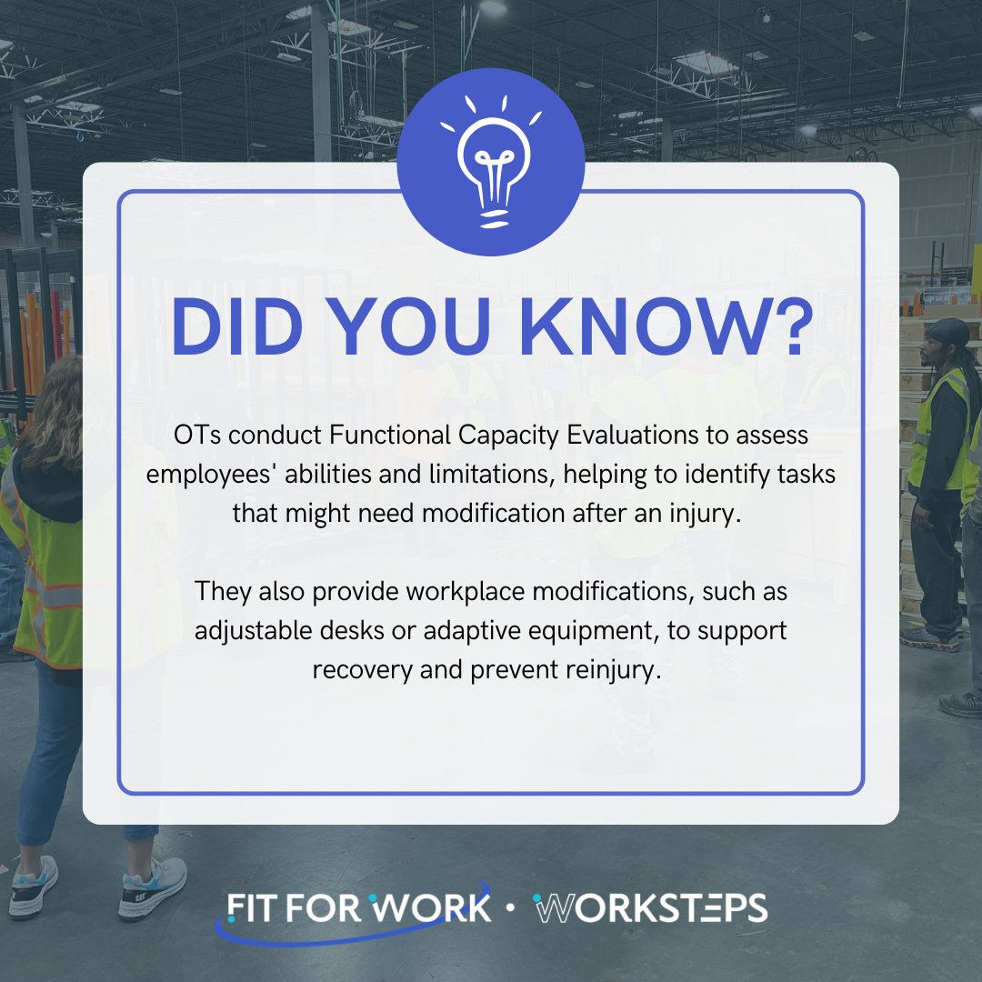 As we continue to highlight our OTs this #OccupationalTherapyMonth, we’re sharing more about the amazing work they do at Fit For Work!

Check out a few OT insights below that you might not know. #OTmonth #WorkplaceWellness #InjuryPrevention