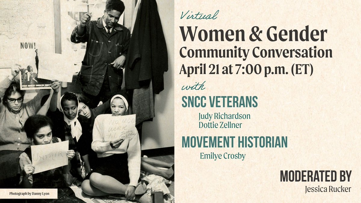 Tonight at 7pm EST!

Join us for a powerful VIRTUAL discussion with #SNCCVeterans Judy Richardson and Dottie Zellner, and movement historian Emilye Crosby, as we explore SNCC, Women &amp; Gender — and the lessons we can carry forward today! Register here: bit.ly/SNCCWomenAndGe…