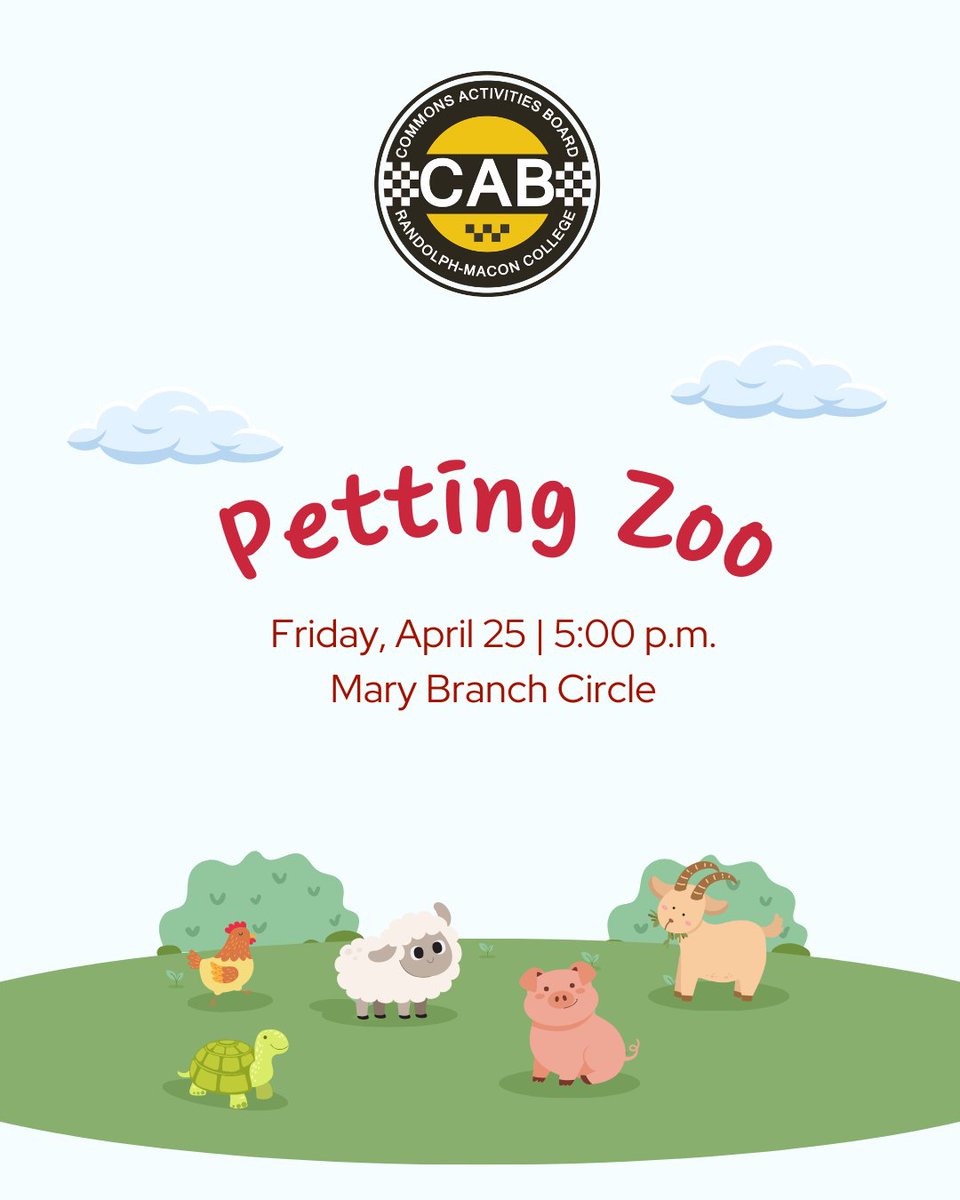 Take a paws from your studies and de-stress with some furry friends! Join us for a relaxing afternoon at the CAB Petting Zoo, where you can pet goats, bunnies, and more. Don’t miss it on Friday, April 25 at 5:00pm at Mary Branch Circle! Free and open to all students!