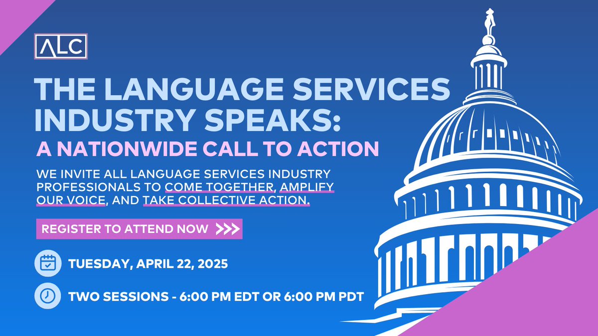 TOMORROW is The Language Services Industry Speaks: A Nationwide Call to Action! At both 6PM EDT &amp; 6PM PDT, we will host all #languageservicesindustry translators &amp; interpreters to come together, amplify our voice, and take collective action. Register now: alcus.org/events/EventDe…