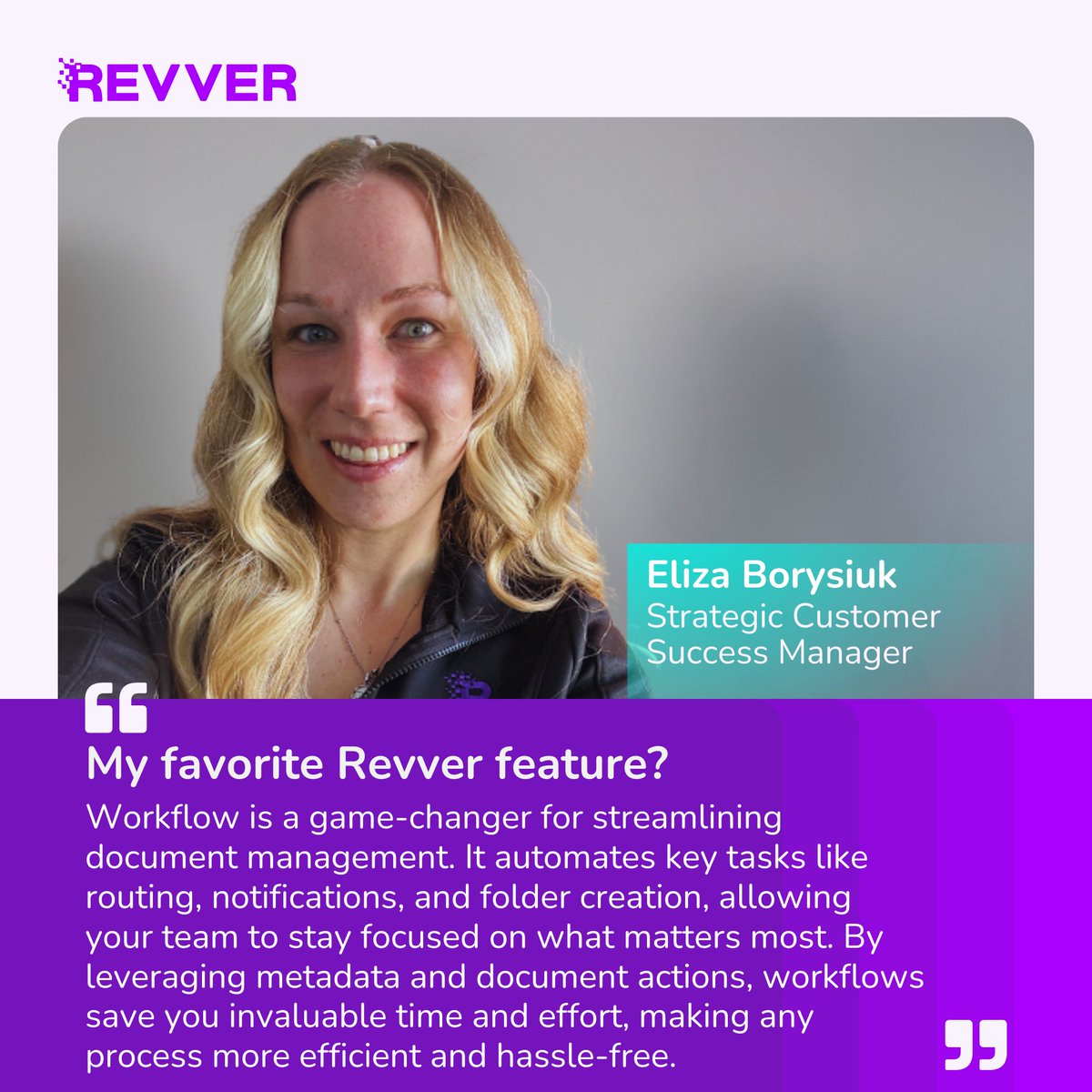RevverDocs's tweet image. Meet Eliza! She has been with Revver for over 3 years, and has helped companies achieve success using workflows in simple, and complex tasks. Get ahead of the competition by automating workflows. Get ahead with Revver. lnkd.in/gKkr9ABv
