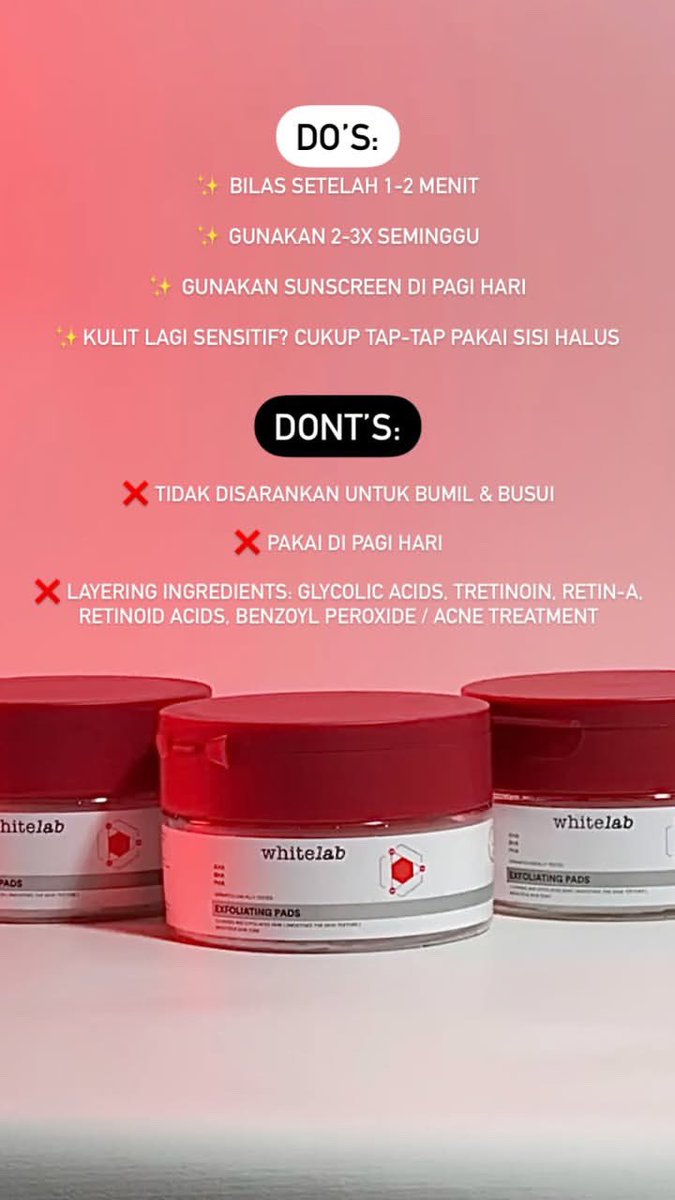 whitelab_id's tweet photo. Do’s & Dont’s🙋🏻♀️🙋🏻
- Perhatian khusus u/ kondisi kulit yg sedang berjerawat, iritasi, & dalam kondisi sensitif, cukup gunakan permukaan pads yang halus lalu di tap pada wajah
- Penggunaan malam hari🌚
- Gunakan sunscreen min. SPF 30 saat keesokan hari🛡️
#exfo #beneransebagusitu https://t.co/uvGDhMusAB