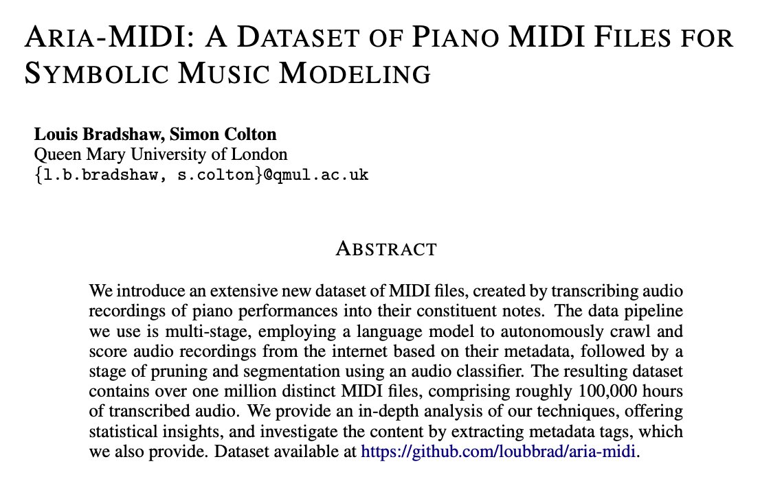 loubbrad's tweet image. I’ll be at #ICLR2025 this week presenting our work on curating large datasets for symbolic music modelling. Excited to chat about generative music, audio language models, and audio/speech LLMs (DMs open!).
📄 Paper: openreview.net/pdf?id=X5hrhgn…
🔗 Dataset: github.com/loubbrad/aria-…
🗓️…