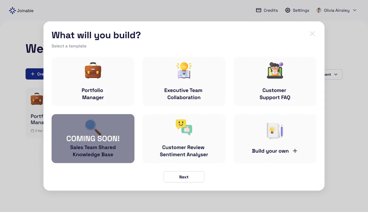 Launching your own AI app used to take weeks — now it takes minutes and requires zero code knowledge.

With Joinable AI’s Template Selector, you can pick from powerful AI use cases and launch instantly.

Let’s take a look 👇