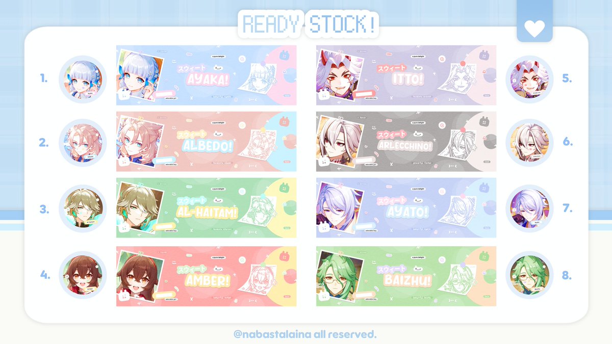 nabastalaina's tweet image. Halooo! 👋🏻 Selamat malamm. Setelah sekian lama... Akhirnya aku kembali dengan biiiigeeeeest ready stock special #genshin #gi only! Kalau misalnya ada yang tidak aman, boleh reach out aku yaa! Terus, kalau misalnya ada yang mahu ditag, bisa reply yaa! Terima kasih &amp;lt;3