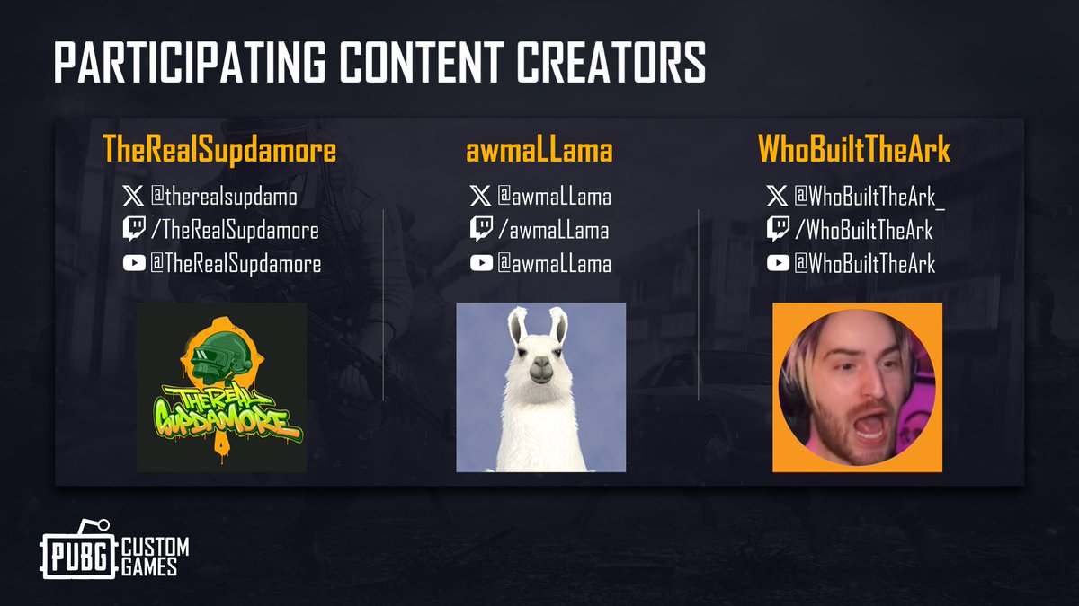 SEASON 4 MONTH 1 CONTENT CREATORS 🔥

👉 <a href="/therealsupdamo1/">therealsupdamore</a> 
👉 <a href="/awmaLLama/">awmaLLama</a> 
👉 <a href="/WhoBuiltTheArk_/">WhoBuiltTheArk</a> 

Join us this Saturday 6pm UTC for the first 5 games of the Custom Games season!

▶️ discord.gg/pubgreddit
