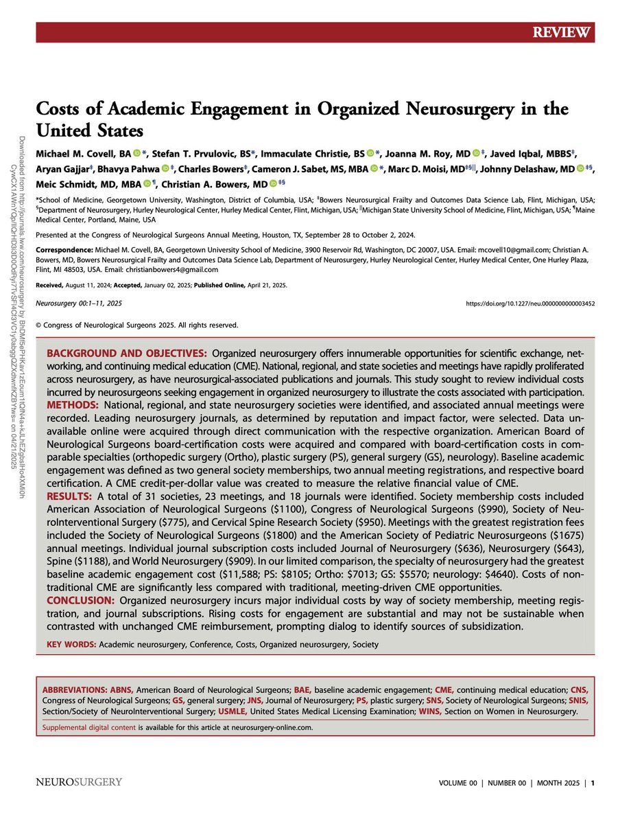 MichaelCovell_'s tweet image. New @NeurosurgeryCNS: Costs of #OrganizedNeurosurgery - we present an accounting review of society membership dues, meeting fees, and journal subscription costs to engage in organized neurosurgery. 💵
Great team effort! @Stefan_313 @ImmaculateChr10 @Joannaroy99 @bowersbrainsurg