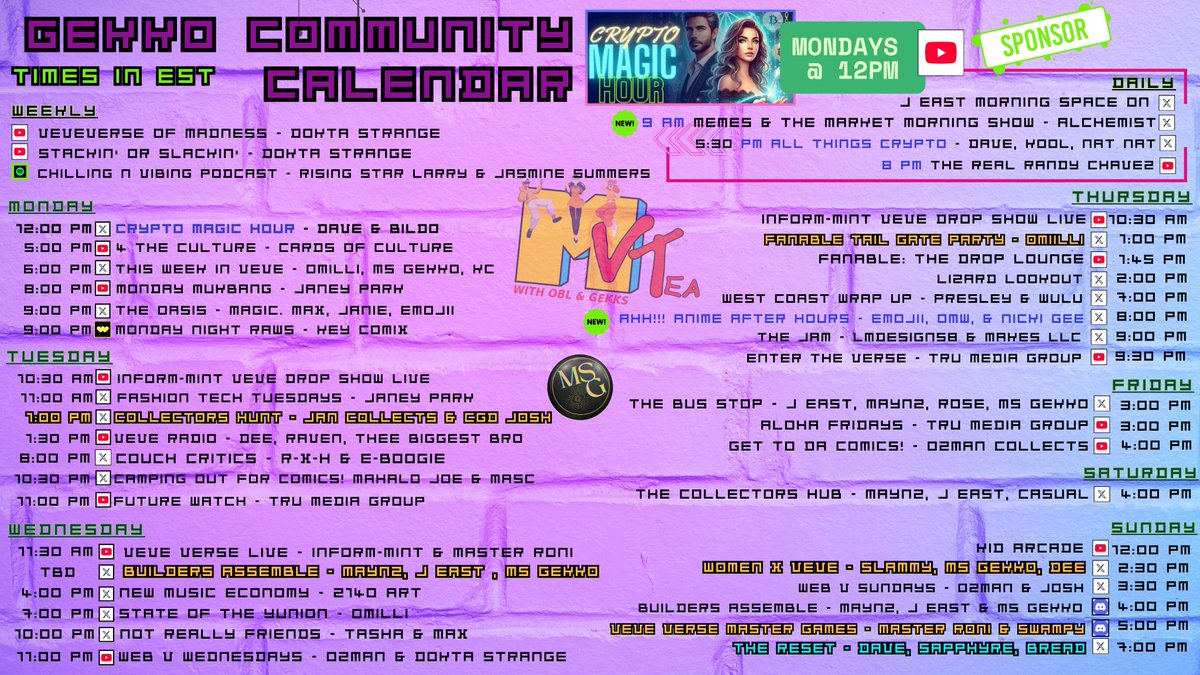 Ms.Gekko (@ms_gekko) on Twitter photo The Gekko Community Calendar is sponsored this week by CRYPTO MAGIC HOUR - Mondays at 12pm EST on You Tube; hosted by legends <a href="/DCBK2LA/">Dave</a> & <a href="/VeVeMagic/">💙VeVeMagic.eth⭕️🏰</a>!
Special Events this Week:
Collectors Hunt
Tuesday @ 1pm EST (VeVeVerse)
Hosted by: <a href="/jan_collects/">jan_c⭕️llects</a> & <a href="/collectorsgd/">Collectors Gone Digital</a>
Builders The Gekko Community Calendar is sponsored this week by CRYPTO MAGIC HOUR - Mondays at 12pm EST on You Tube; hosted by legends <a href="/DCBK2LA/">Dave</a> & <a href="/VeVeMagic/">💙VeVeMagic.eth⭕️🏰</a>!
Special Events this Week:
Collectors Hunt
Tuesday @ 1pm EST (VeVeVerse)
Hosted by: <a href="/jan_collects/">jan_c⭕️llects</a> & <a href="/collectorsgd/">Collectors Gone Digital</a>
Builders