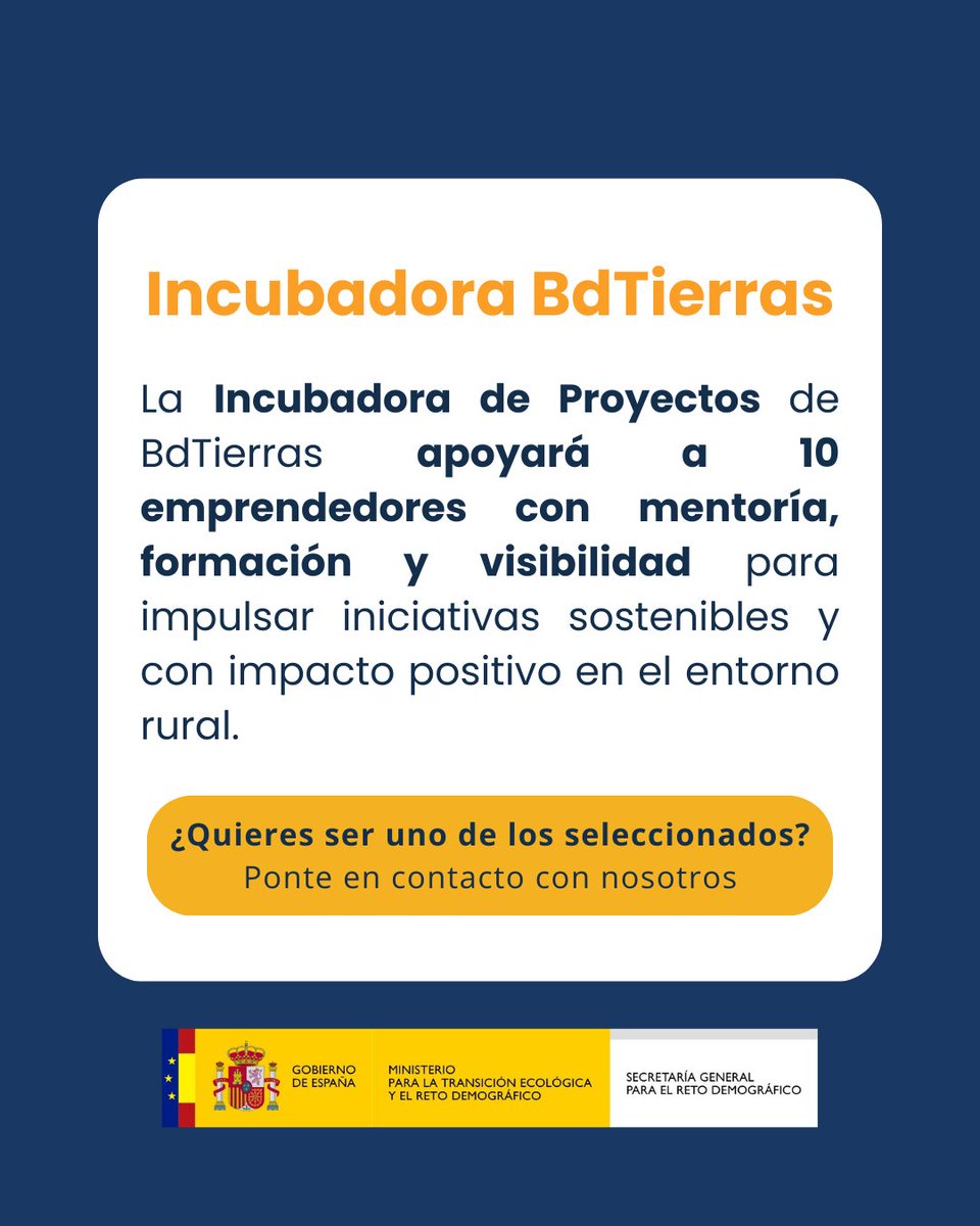 🚀La Incubadora de Proyectos de BdTierras seleccionará 10 iniciativas con impacto positivo en el territorio 🔔 ¡Inscripciones hasta el 5 de mayo!
Apúntate gratis aquí: docs.google.com/forms/d/e/1FAI…

📚 Mentoría personalizada
🎓 Formación especializada
📢 Visibilidad para tu proyecto
