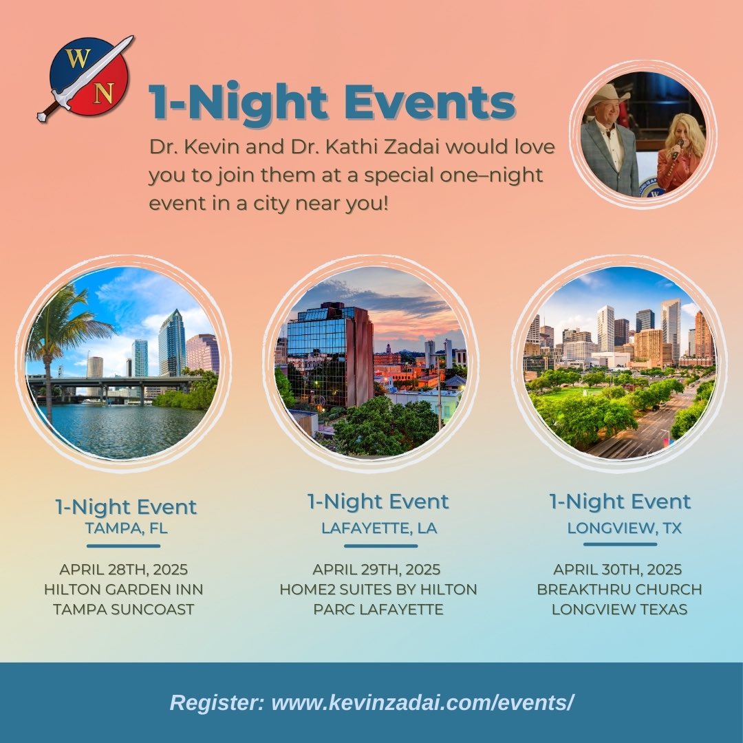 KevinZadai's tweet photo. Dr. Kevin and Kathi Zadai invite you to attend one of their three one-day events coming to a city near you! Starting this April 28th-30th, they will be in Tampa, FL, Lafayette, LA, &amp; Longview, TX. 

Register for free:
https://t.co/CO35ottw52 https://t.co/mDROVLV2L4