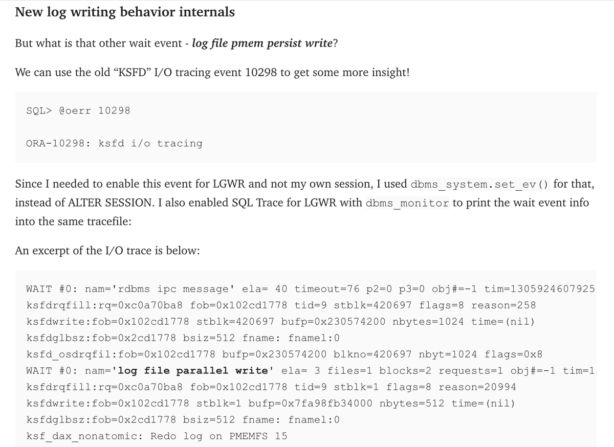 TanelPoder's tweet image. Oracle&apos;s event 10298 has been renamed in 23ai:

&quot;ORA-10298: Enable Oracle Server I/O module tracing.&quot;

It traces physical I/O requests, reasons and file/block numbers, even when there&apos;s no wait, or the wait event doesn&apos;t report file/block/object numbers.

Relevant links in reply.