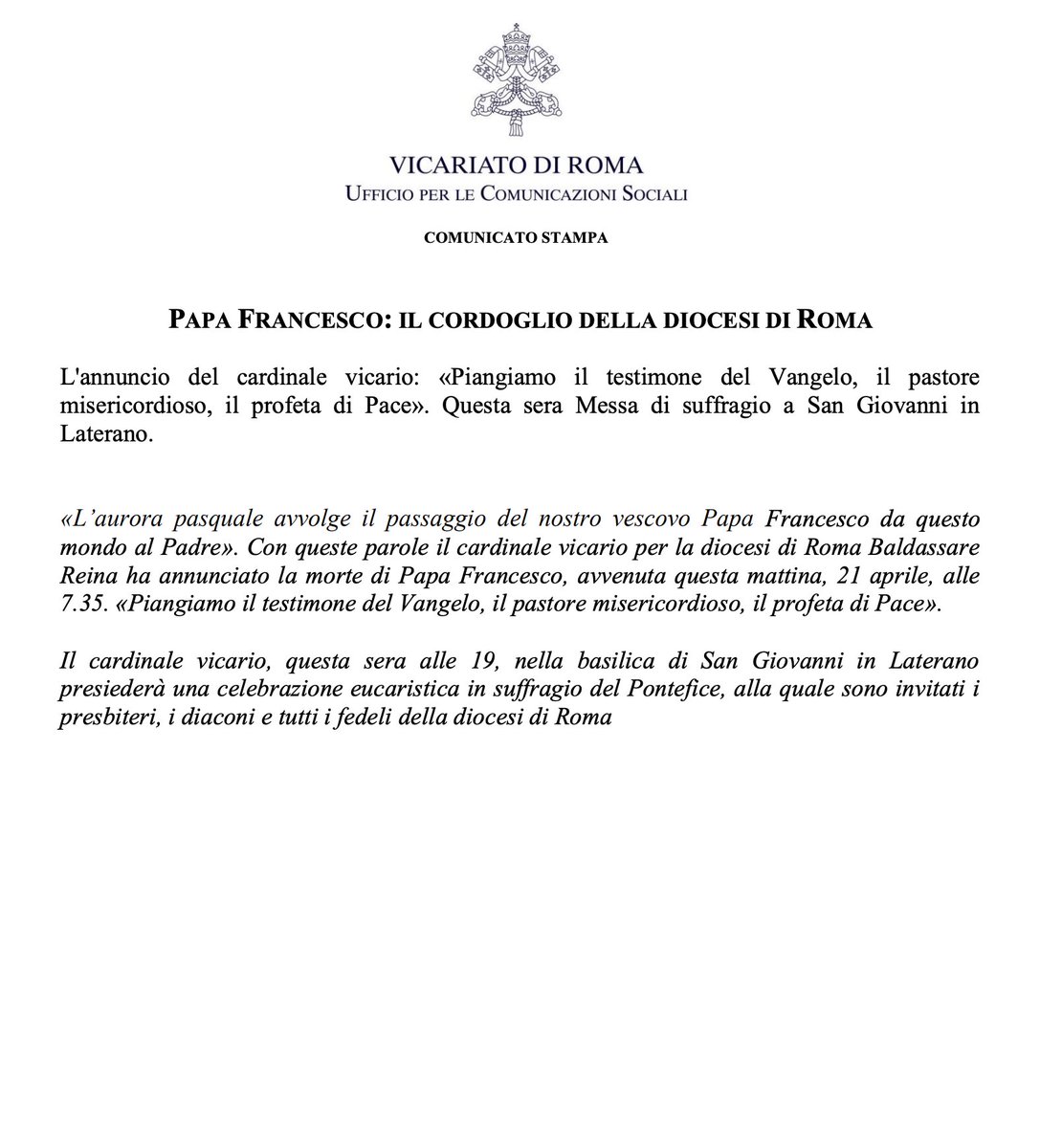 Questa sera, #21aprile alle 19, la Santa Messa di suffragio a San Giovanni in Laterano. Presiede il cardinale vicario Baldassare Reina.