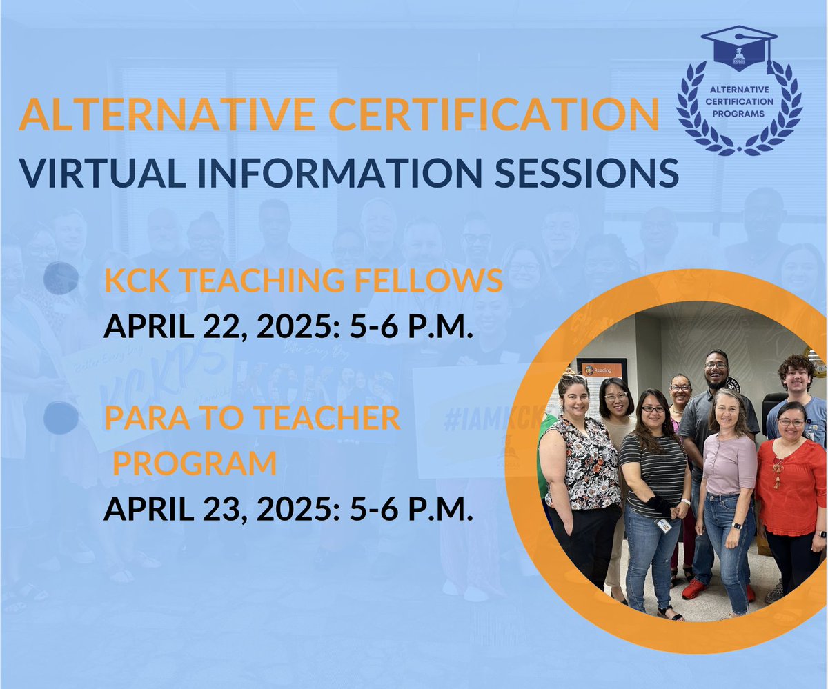 Join us for one of our Alternative Certification Virtual Info Sessions this week and learn how to kickstart your teaching career!⭐️Teaching Fellows session is tomorrow!📚 Para to Teacher session is Wednesday!
docs.google.com/forms/d/e/1FAI…
<a href="/kckschools/">Kansas City, Kansas Public Schools</a>